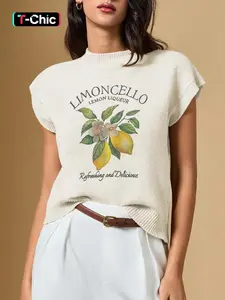 Women's Round Neck Lemon Fruit Print Loose Fit Casual Fashion Knit Vest, French Elegance, Versatile Summer Wear, 2026 New Arrival