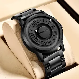FOXBOX Fashion Man Watch Creative Scrolling Pointer Magnetic Force Quartz Watch Stainless Steel Men Watches Relogio Masculino
