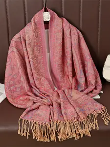 Elegant Women's Winter Scarf Fitted Fit Jacquard Paisley Pattern, Polyester Fiber Tassel Detail Shawl, Paisley Print Shawl, All Seasons Suitable for Muslim Hijab