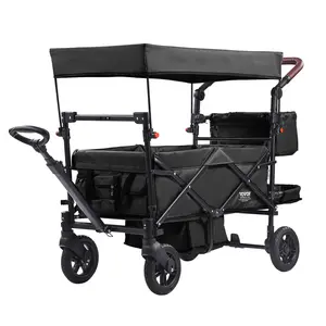 VEVOR Wagon Stroller for 2 Kids, Push Pull Quad Collapsible Stroller with Adjustable Handle, Encircling Harness Removable Canopy, 4 Wheels with Brakes, Mutifunction Tandem Stroller for Camping Black