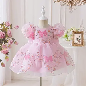 Anniversary Baby Girls Clothes Big Bow 3080 Pink Floral Infant Birthday Cocktail Dress Toddler Pageant Newborn Ball Gown Princess Baptism Frock 6M-3Y