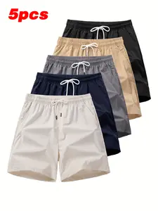 Men’s Summer Casual Shorts, 5-Pack — Lightweight Solid Color Sports/Beach Pants for Young Men, Outdoor Fashionable Style, Drawstring Design, Versatile
