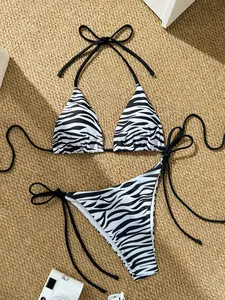 Women's Sexy Lace-Up Bikini Set, All-Over Printed Triangle Swimsuit, Fitted Sleeveless Design, Natural Waist Style, Triangle Bathing Suit, Lace Up Bikinis