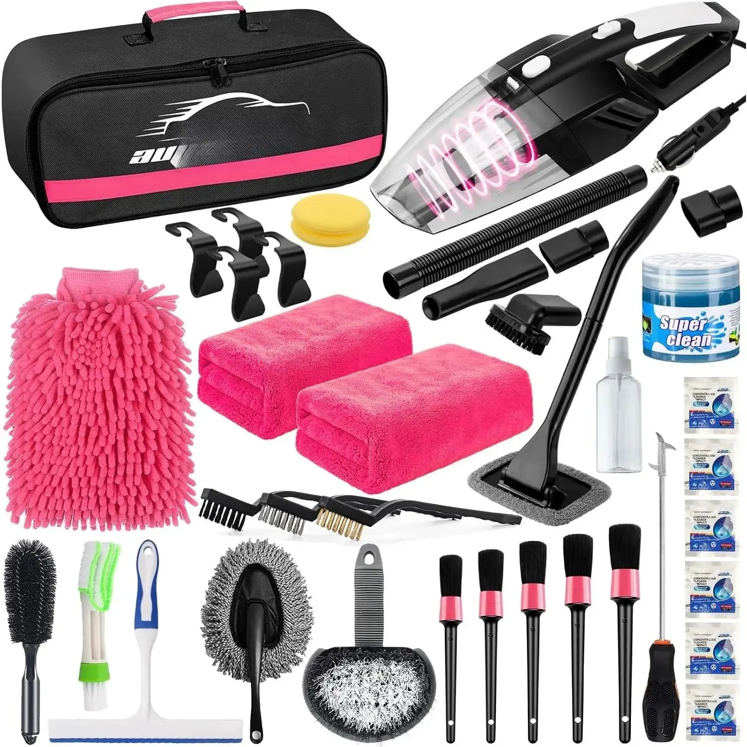 39 count  Cleaning Wash Kit Interior Detailing Cleaner Kit with High Power Handheld Vacuum, Brush Set, Windshield Tool, Gel, Duster, Towels, Tire Brush, Complete  Care Tools, Pink