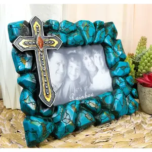 Rustic Western Turquoise Rock Stones With Vintage Cross Photo Picture Frame