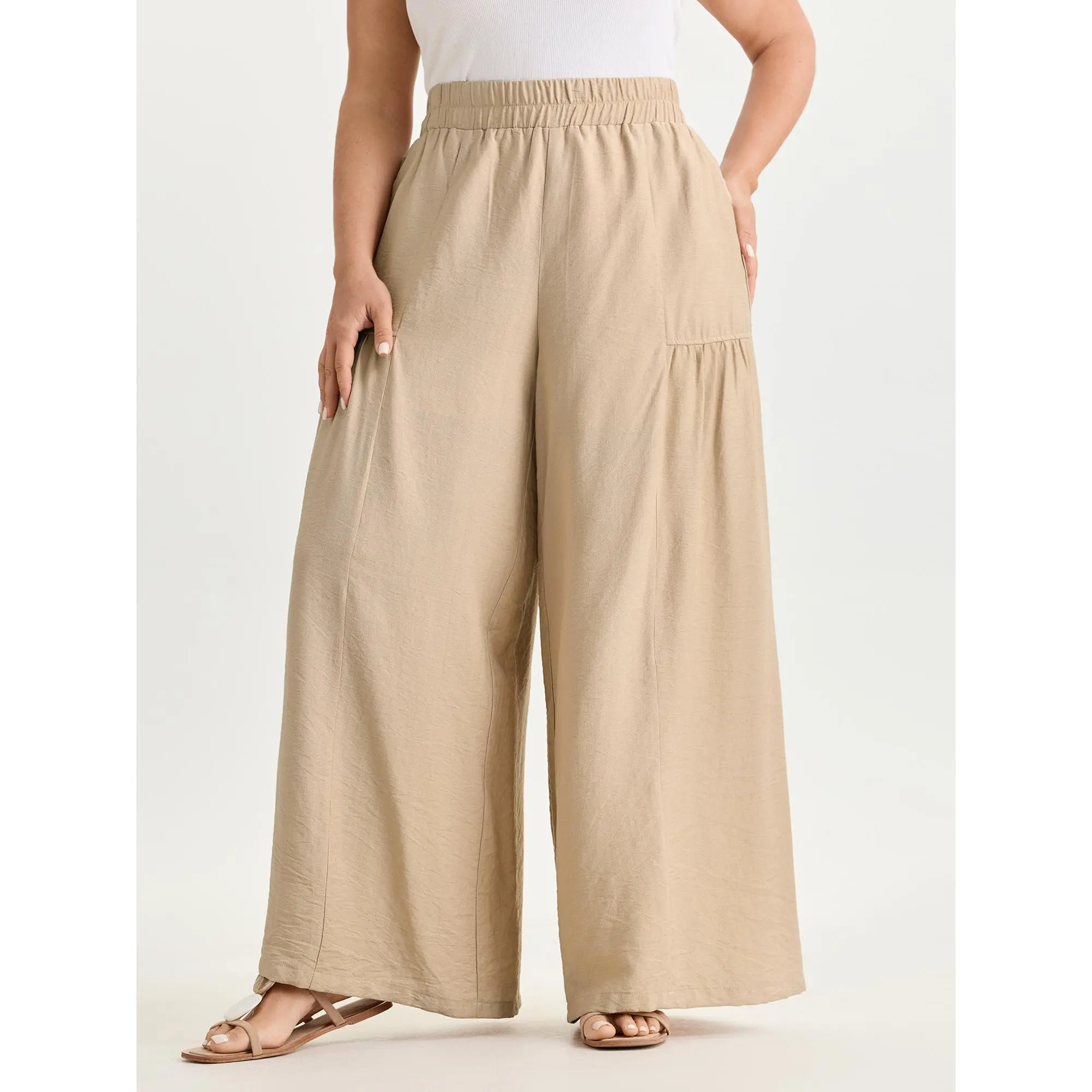BloomChic Women's Plus Size Casual Wide Leg Pants with Smocked Mid-Rise Waist and Pockets, Smooth Rayon Nylon Blend, Bottom,back to school shopping, Fit