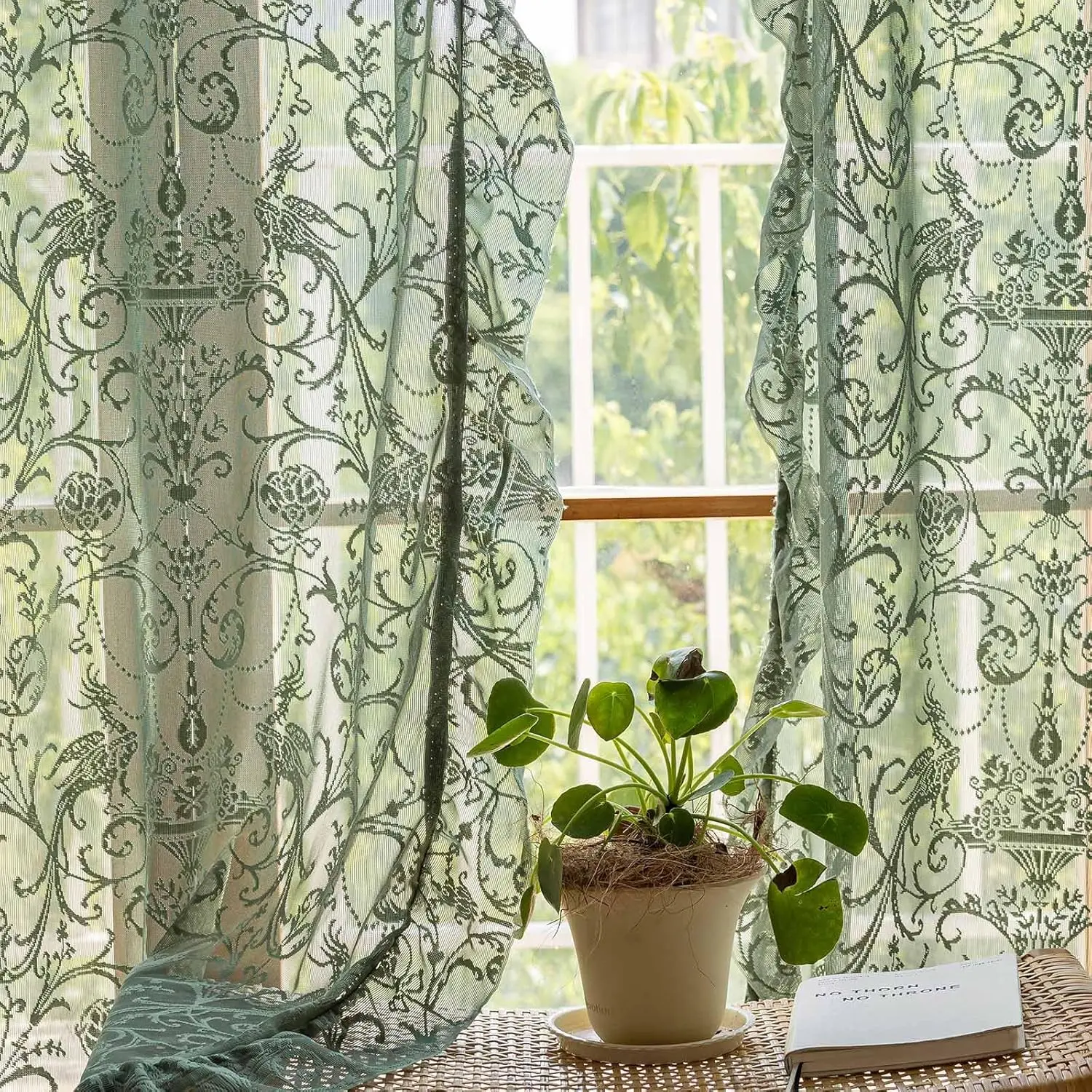 Green Lace Curtains 72 Inch Length 2 Panels Victorian Olive Sheer Floral Boho Ruffle for Bedroom Doorway Closet Curtains Rod Pocket