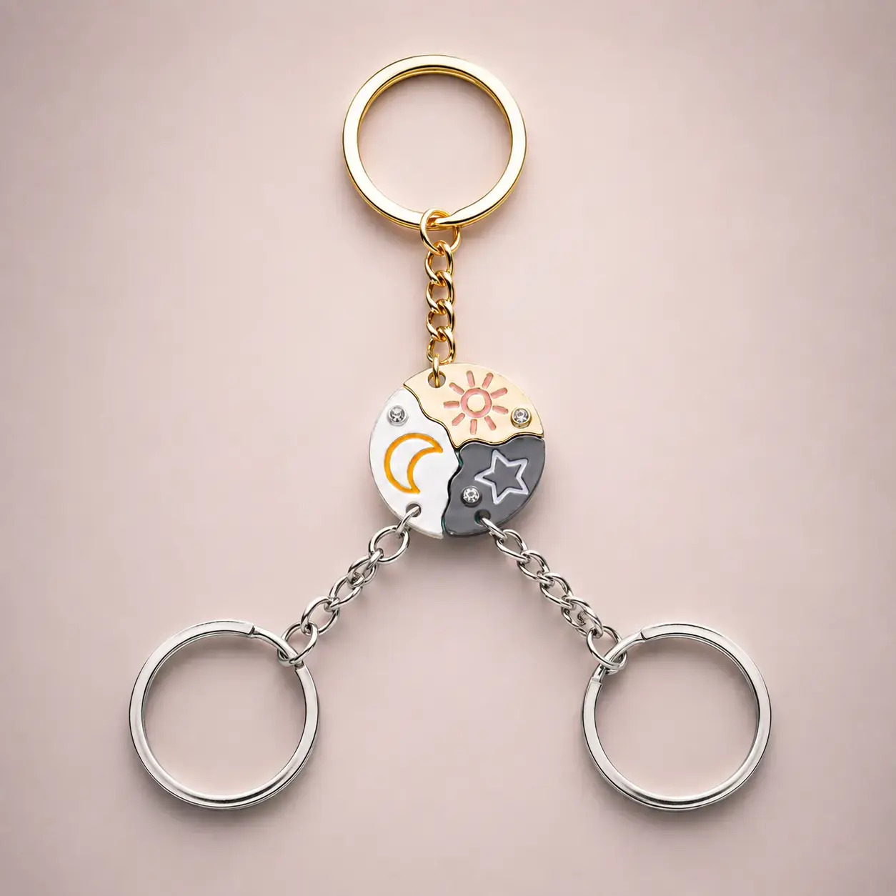 Sun Moon Star Magnetic Keychain Accessory Set - 3-Piece Puzzle Circle Metal Stainless Steel Keyring with Sun, Moon, Star Charms, Matching Friendship Gift for Best Friends, Trio, Metal Keychains