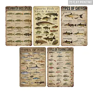 5pcs Fish Knowledge Metal Tin Sign Vintage Fish Print Sports Fish Of Funny Poster School Education Hunting Lodge Living Room Bathroom Kitchen Dining Room Home Art Wall Decoration Plaque Gift 8x12 Inches