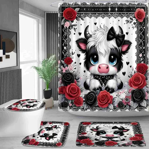 3D High-Definition Pattern Black Rose Shower Curtain Set - Waterproof, Adjustable, Geometric, Sweet Red Rose & Cute Cow Prints, 12 Hooks, Non-Slip Bathroom Carpet, U-Shape Toilet Mat, Toilet Seat Cover, Ideal Moving Gift, Room Decorations