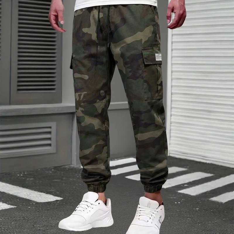 Men's Camouflage Work Pants - Simple Street Style, Multiple Pockets, Elastic Waistband with Drawstring, Lightweight Outdoor Hiking Casual Jogging Pants