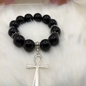 Black Beaded Bracelet with Silver Ankh Charm and Crown Accents for Stylish Accessory