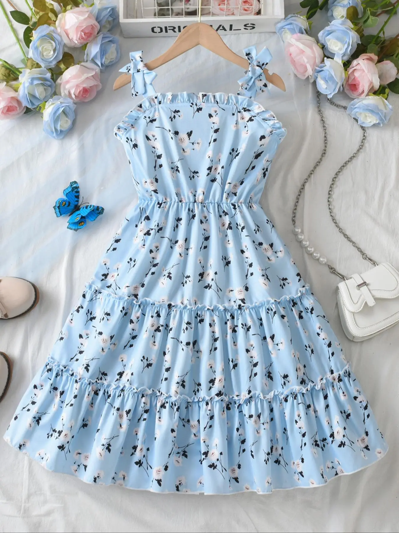 Girl's Ditsy Floral Print Bow Decor Ruffle Trim Dress, Cute Casual Sleeveless A Line Dress for Summer, Kids Clothes for Daily Wear