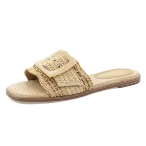 Women's Raffia Flat Sandals Square Open Toe Summer Beach Slip On Woven Buckle Slide Sandals