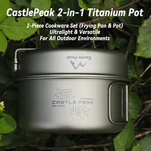CASTLEPEAK Pure Titanium 2-in-1 Nesting Cookware Set - 33.8 fl oz Pot, 20.3 fl oz Frying Pan with Lid, Foldable Handle Ultralight Portable Kitchen for Backpacking, Hiking, Road Trips, Fishing, Bushcraft Emergency Survival Kits