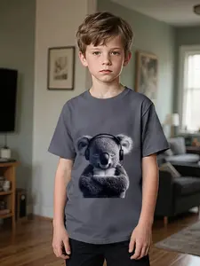 Koala Music Fan Print Short Sleeve T-Shirt for Kids, Cute Graphic Tee, Comfortable Casual Wear for Outdoor Activities, 100% Polyester Summer Clothing