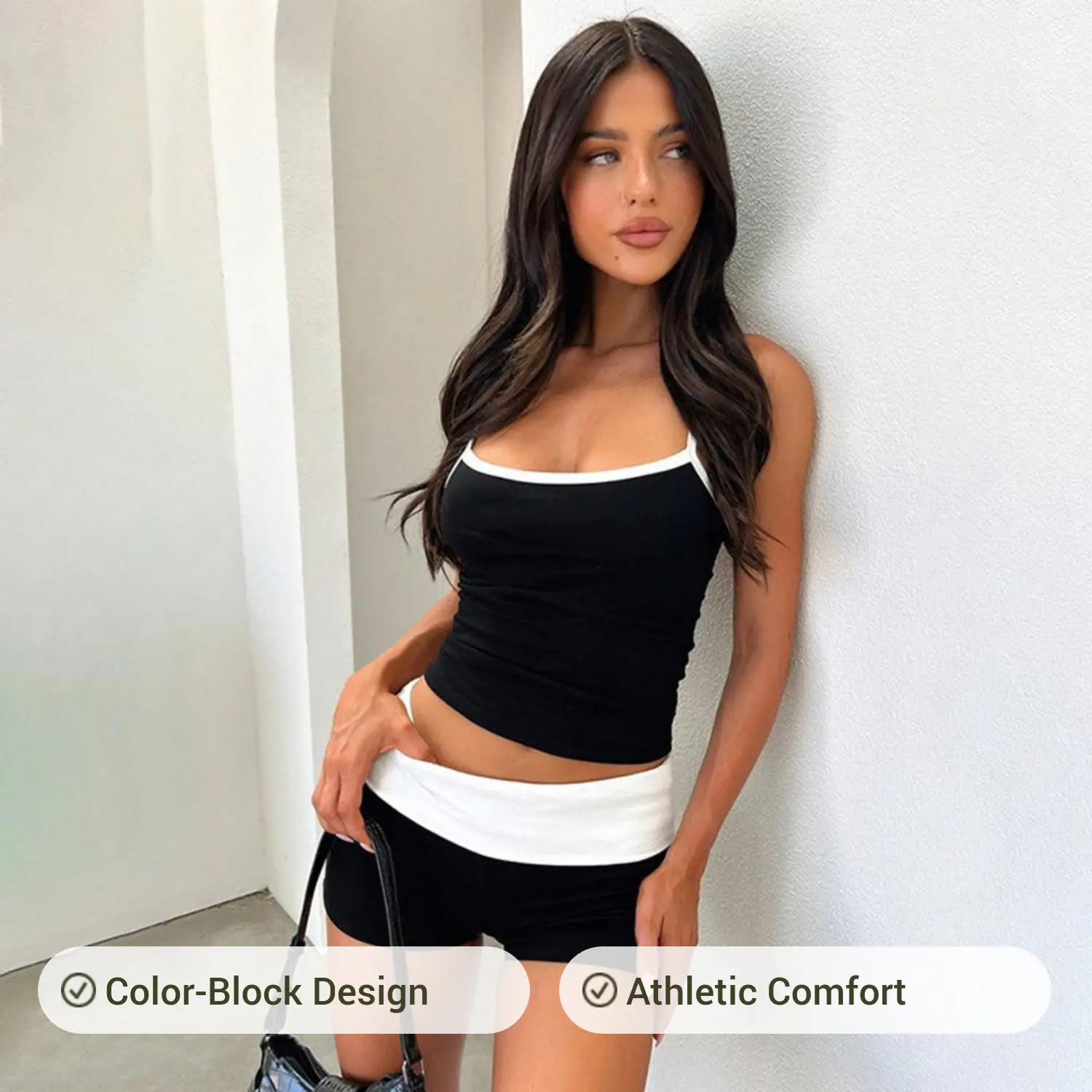 Female Women's 2-Piece Western Flair 2026 Summer Sports Clothing Set - Sleeveless Color-Block Crop Top, Low-Rise Gym Shorts, Standard Sizes Activewear for Casual Workouts