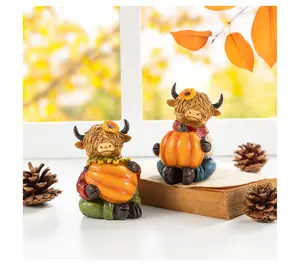 Glitzhome 4"H Fall Harvest Resin Highland Cow Table Decor S/2