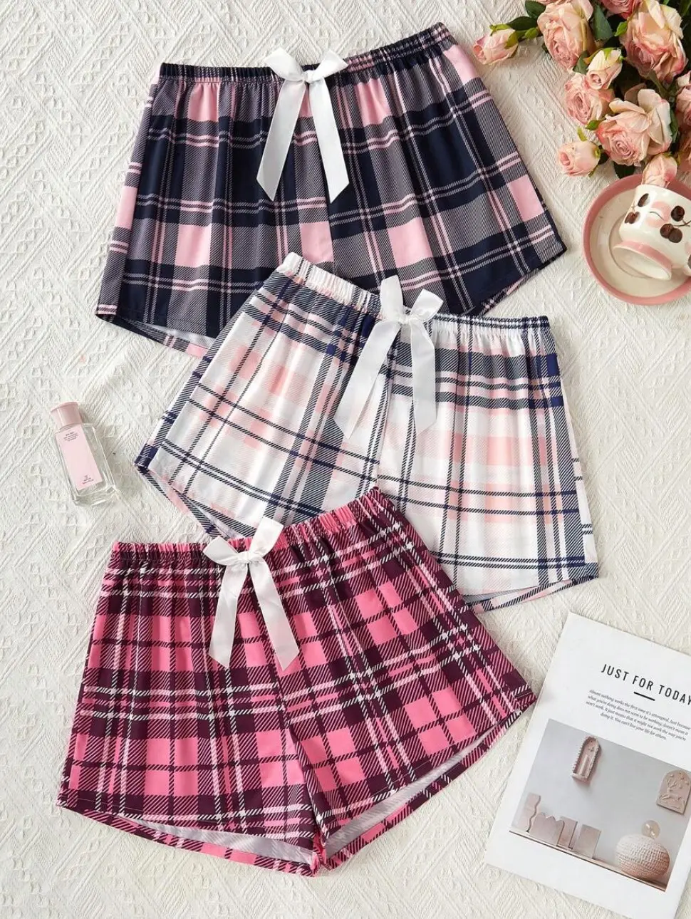 Sleepora x 3pcs Women's Casual Plaid Bow Decor Sleep Shorts Set Cozy And Elegant Details