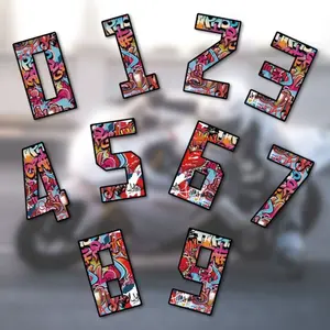 1 Piece of Cartoon Graffiti 0123456789 Number Car Sticker Waterproof and Durable Body Scratch Cover Number Suitable for Motorcycle, Electric Car, Helmet, Racing Driver Decoration Accessories