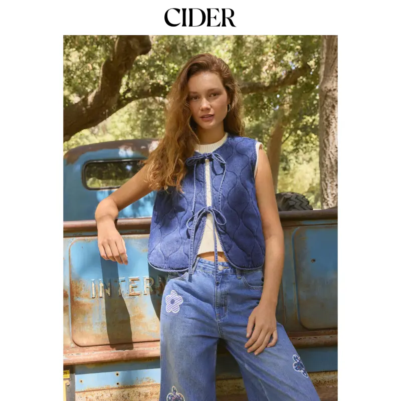 Cider [2 colors, size 0-26] Denim Round Neckline Solid Tie Front Knotted Vest