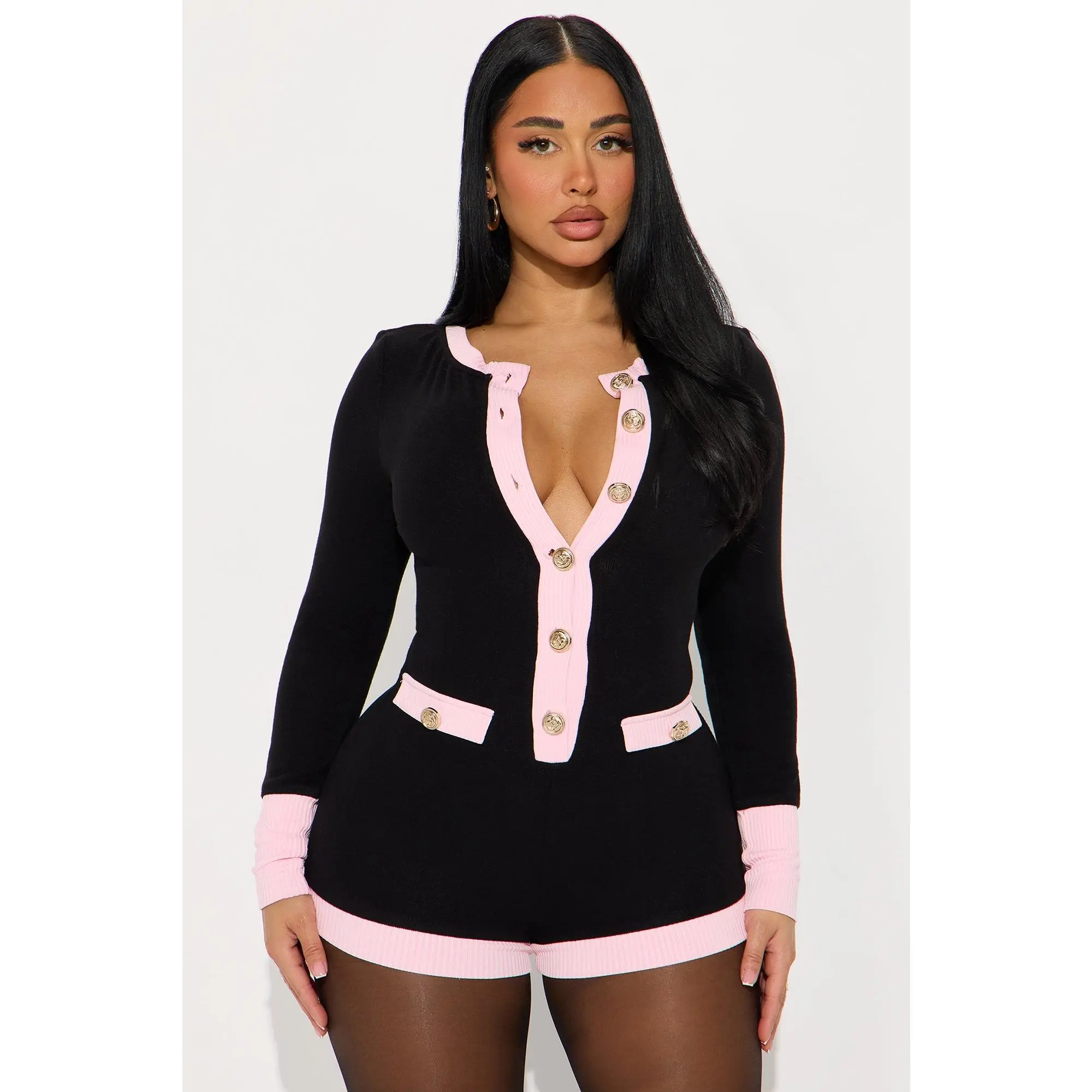 Rosie Long Sleeve Sweater Romper - Black/combo