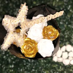6 count birthday glitter ribbon roses polyester