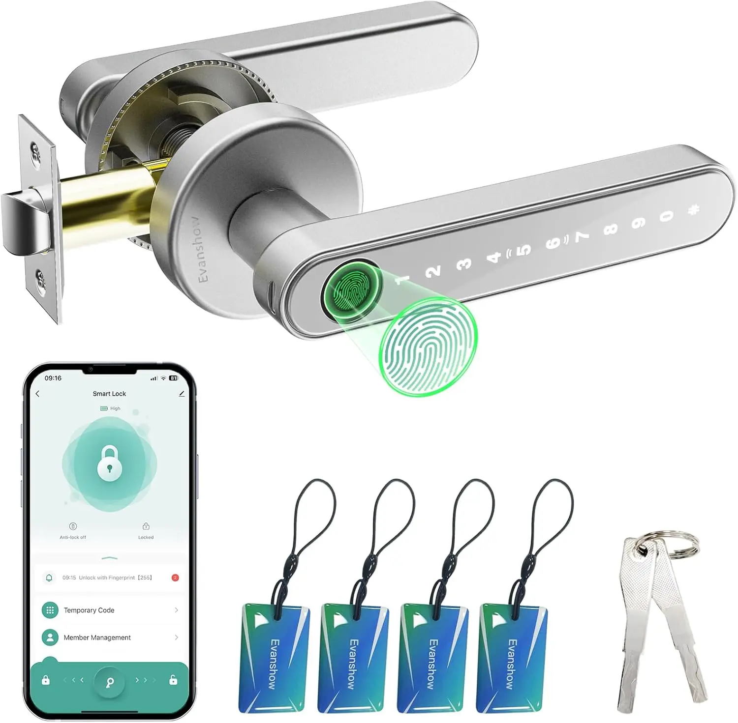 Door Lock with Knob, Door Locks with Handle, Door Knob for Bedroom/Front Door/Apartment,Generate Passcode Remotely Silver