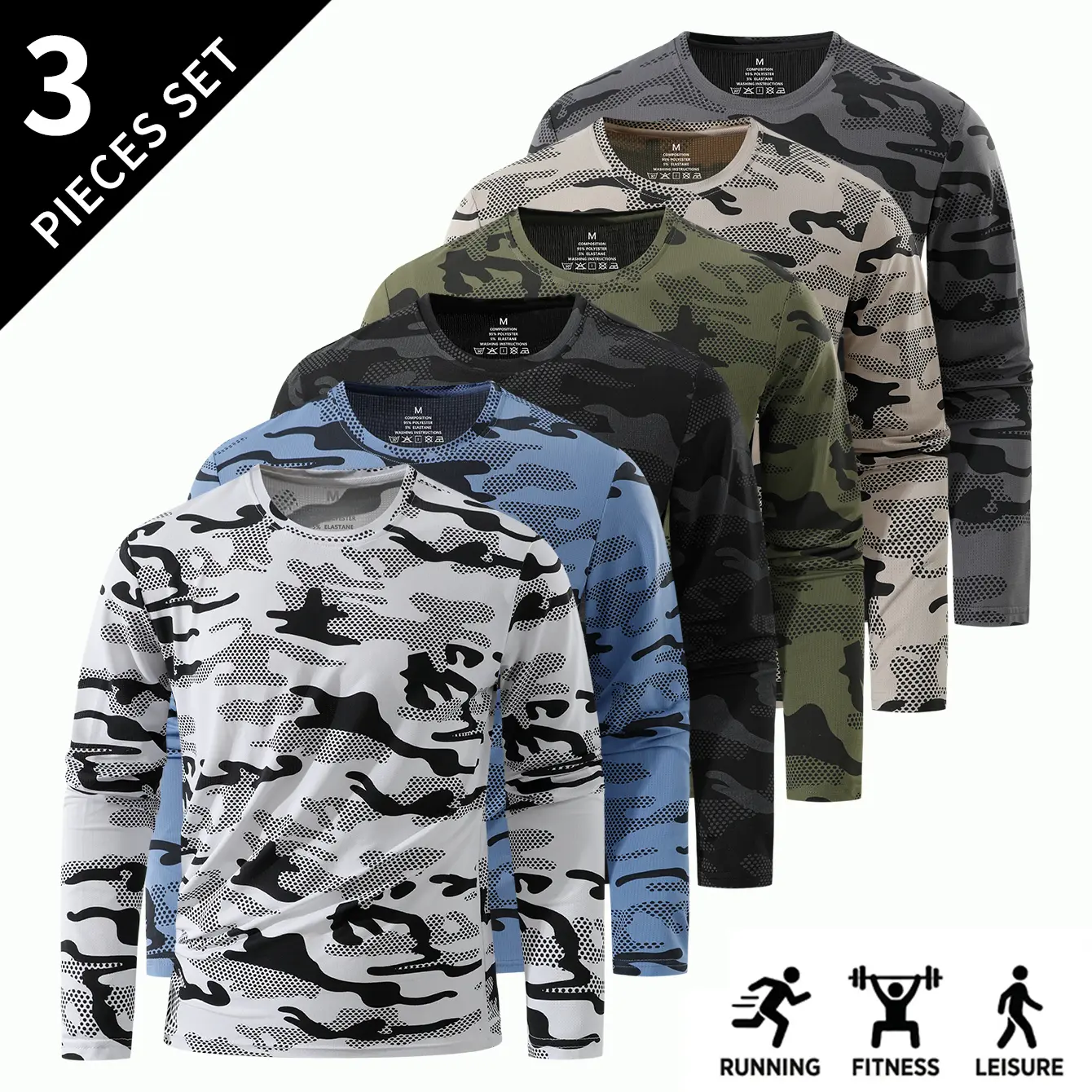 3-piece tactical camouflage quick-dry long-sleeve lightweight moisture-wicking men’s sports shirt set for running, cycling, and outdoor activities