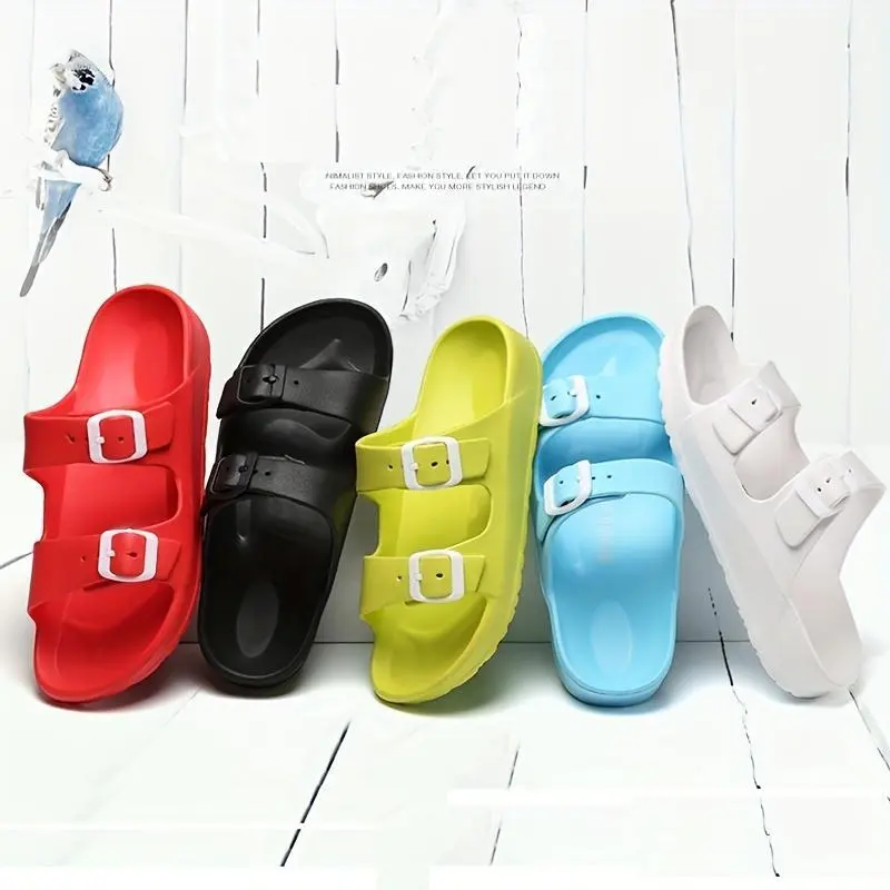 Women's Open Toe Footbed Sandals with Adjustable Double Buckle Strap, Flat Bottom Sole Slides for Summer Casual & Beach Sports, Slide-On, Synthetic, Flat Heel (1 Cm Or Less)