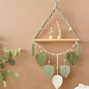 New Macrame Shelf with Leaves - Cotton Rope Wall Organizer, Creative Boho Home Decor for Small Space & Apartment Aesthetic