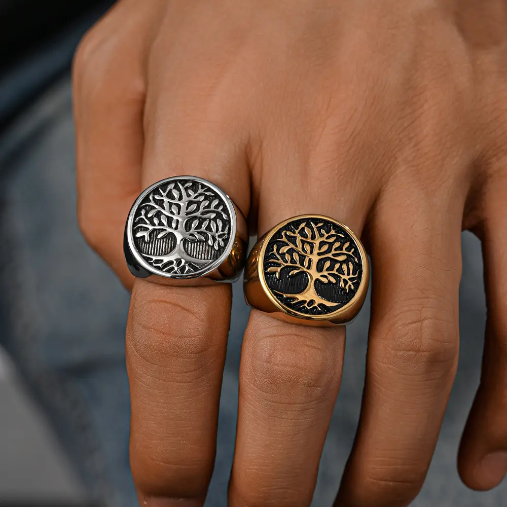 Men's Tree of Life Totem Band Ring - Creative Punk Style, Anti-Rust Stainless Steel Chunky Statement Ring, Fashion Accessory for Daily & Party Wear, Band Rings