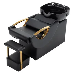 Large Shampoo Bowl & Chair Set with Footstool – Black & Gold Barber Backwash Chair, Heavy Duty 300lbs Hair Washing Chair with Deep ABS Basin & Neck Rest for Spa Beauty Stylist