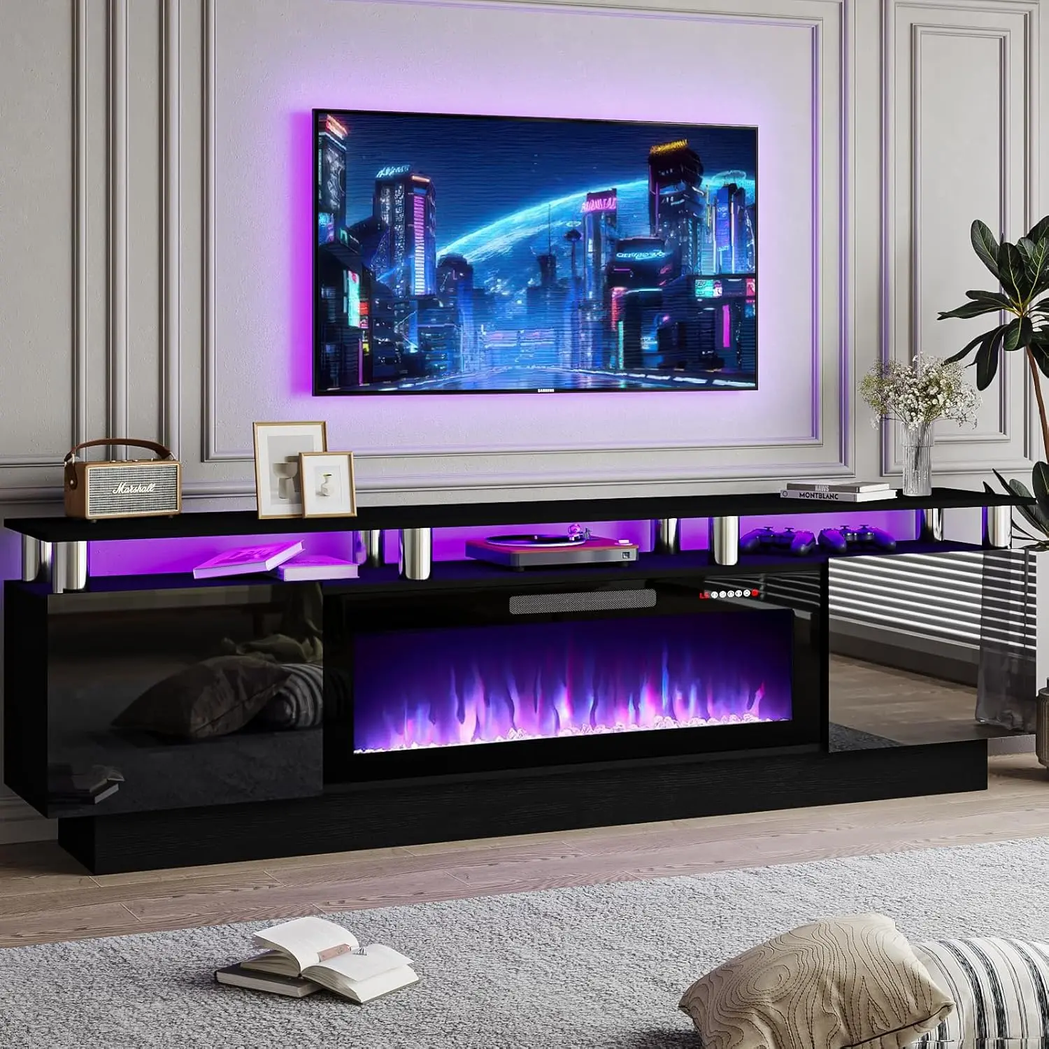 【2 Packages Shipping】PUKAMI Modern Fireplace TV Stand with 36" Electric Fireplace for TVs Up to 80 inch, Luxury LED Light Entertainment Center with High Gloss Cabinet, TV Consoles for Living Room,dorm essentials,home decor