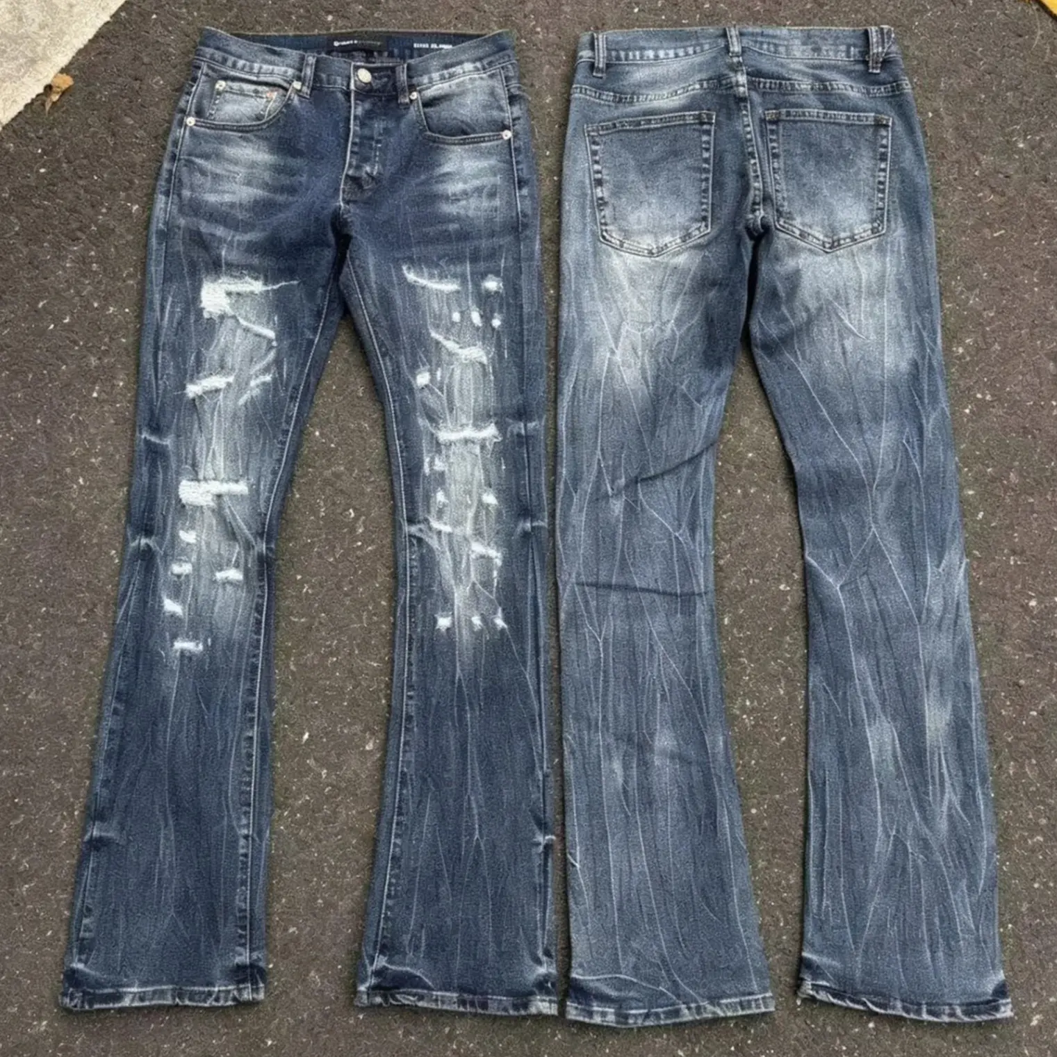 Men’s high-stretch blue-gray gradient flared jeans with multiple frayed rips, whisker slim bootcut denim street pants