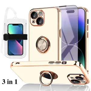 iPhone 13 Case White 3 in 1 Bundle With Screen Protector Anti-Blue Light And Waterproof Touchscreen Luminous Phone Pouch With Strap & Lanyard Built-in Car Mount Magnet Foldable Kickstand Ring Stand Shockproof Cute Luxury Design