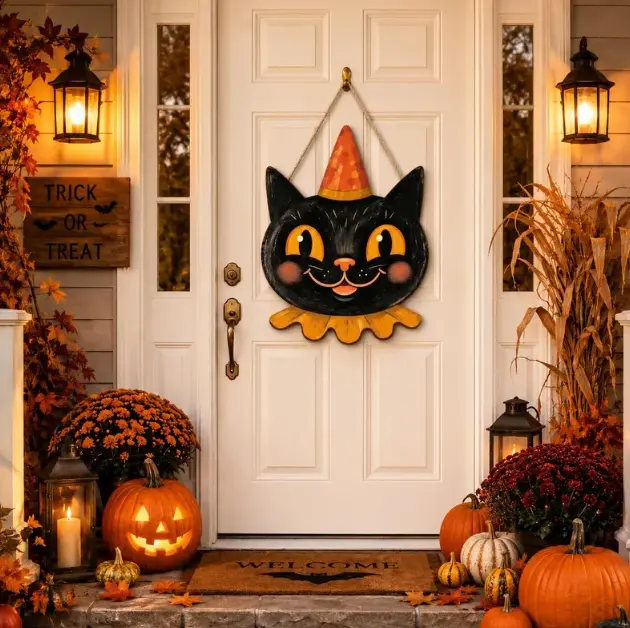 Vintage Gothic Black Cat Halloween Door Hanger - Outdoor Home Garden Decor, Lawn Ornament, Housewarming Gift