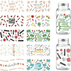 Teachers' Day Books UV DTF Cup Wrap,10Sheet UV DTF Cup Wraps for 16 Oz,Teacher Love Inspire Rub on Transfers,Waterproof Stickers for Glass Cups Stickers Decals for DIY Crafts,Teacher Gifts