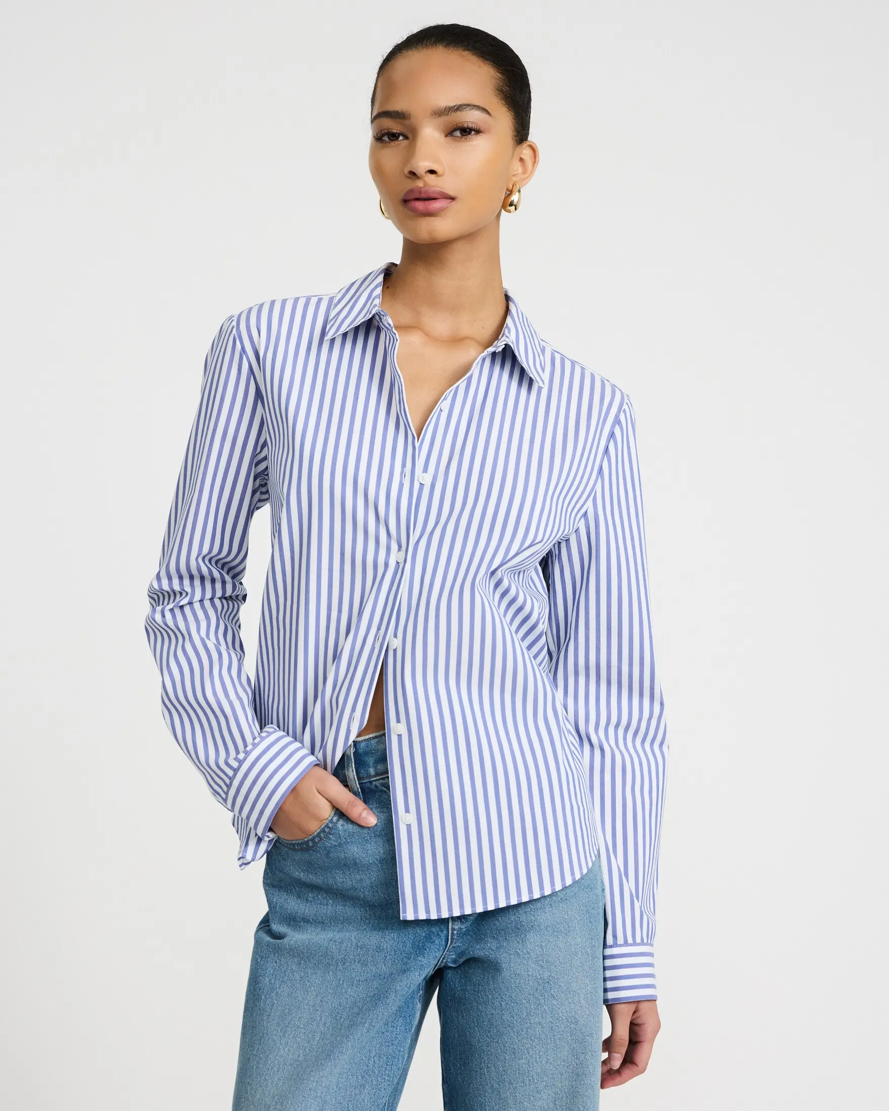 Express Women's Casual Stretch Cotton Poplin Striped Portofino Top - Spandex-Blend, Button-Front Blouse, Blouses
