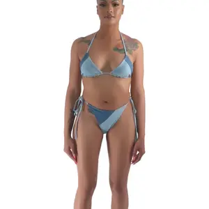 Denim Patchwork Tie Bikini Set - S M L - Blue Color - Summer Style - Comfortable Fit - Perfect for Beach & Pool