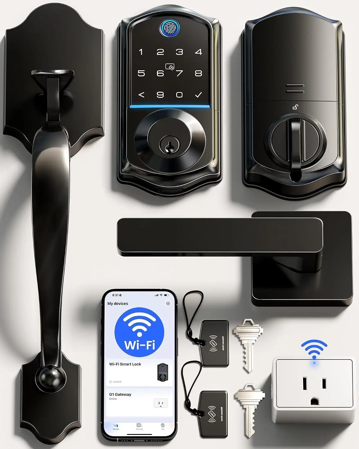 Veise VE017G-H Wi-Fi Smart Fingerprint Front Door Lock Set, Remote App Control,