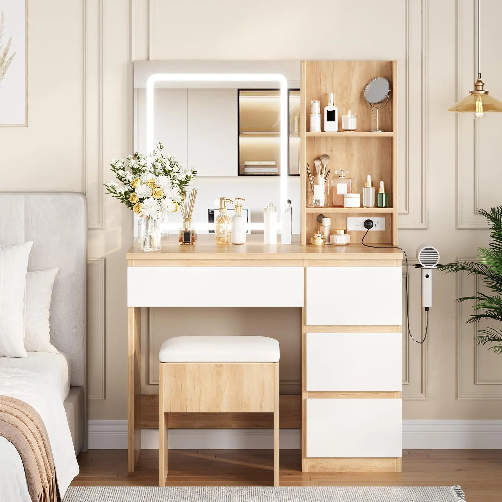 Garvee Modern Vanity Desk with Mirror and LED Lights - Makeup Dressing Table with 4 Drawers, Storage Stool, Hair Dryer Holder, Outlets - Available in 3 Colors for Bedroom