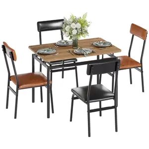 Garvee 5-Piece Dining Table Set, Wood Kitchen Table with 4 Upholstered Chairs, Space-Saving Design, Faux Leather Cushions, Modern Rectangular Table, Metal Frame, for Dining Room, Small Spaces, Brown+Black