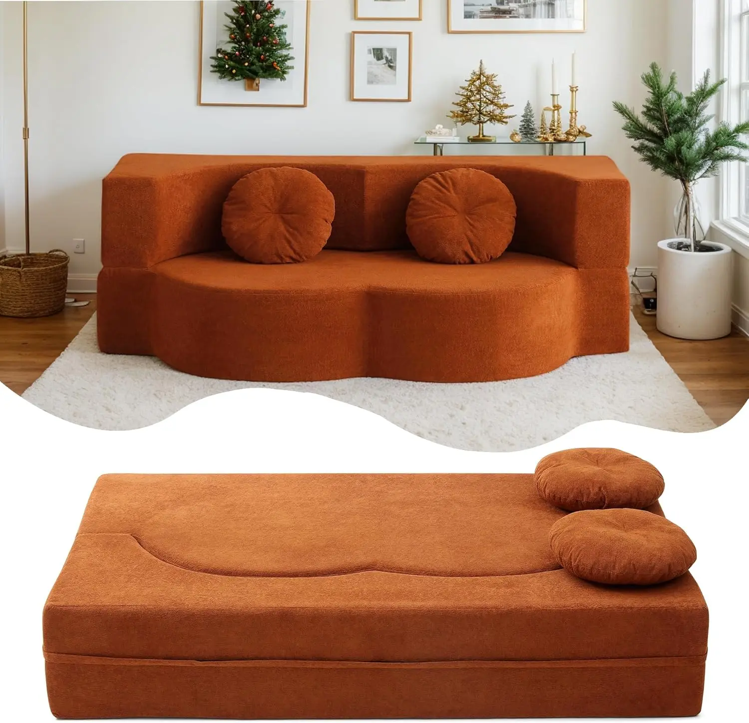 2-In-1 Futon Sofa Bed, Foldable Couch with 2 Pillows, Convertible Foldable Sofa Bed, Folding Sofas Beds for Living Room, Guest Room, Apartment, Office, Lazy, Sleeper, Comfy, No Assembly (Orange)