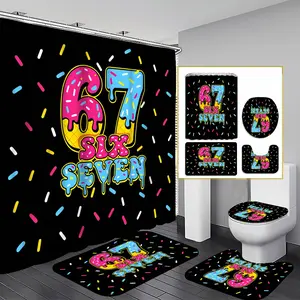 1/3/4PCS Six Seven Shower Curtain set, Graffiti Art Bathroom Decor, Bathroom Decoration Accessories, Accessories with Bath Mat, U-shaped Mat, Toilet Lid Cover, 12 Hooks 180x180cm Curtain, Urban Style, Home Decor, Urban Theme, bathroom accessories.