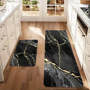 2pc Gold Line Marble Velvet Mats, Soft Comfortable Material for Home Decor, Durable Easy-Clean Design Kitchen Floor Mat for Kitchen & Dining Area