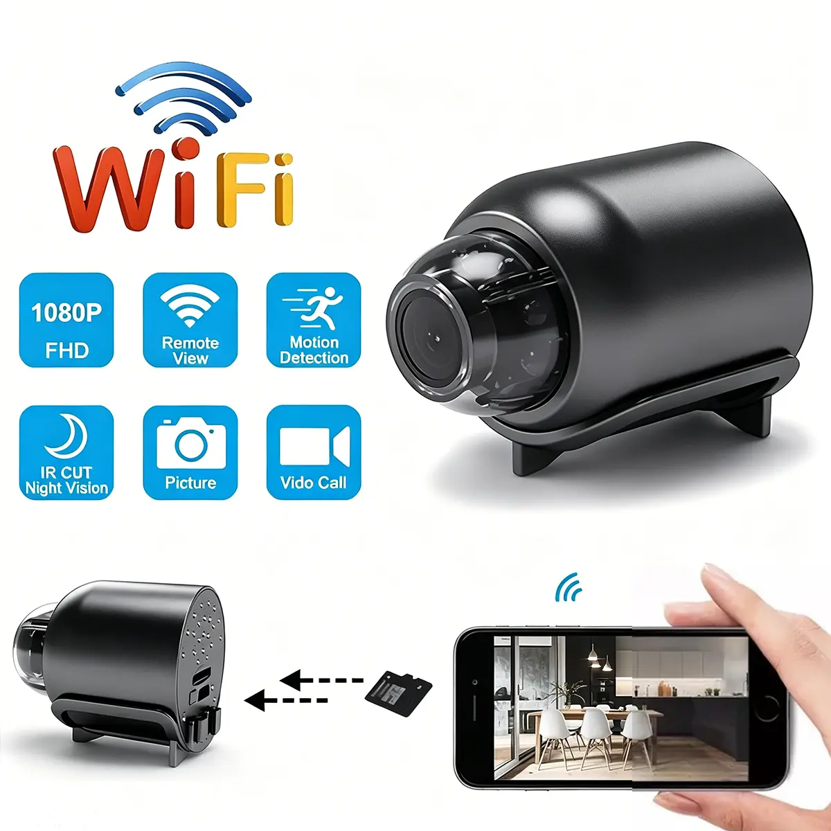 1080P High Definition Mini Foldable Wireless WiFi Car Surveillance Camera, Portable Home Protection Device with IR Night Vision, Motion Detection, Remote Phone View, TF Card Recording