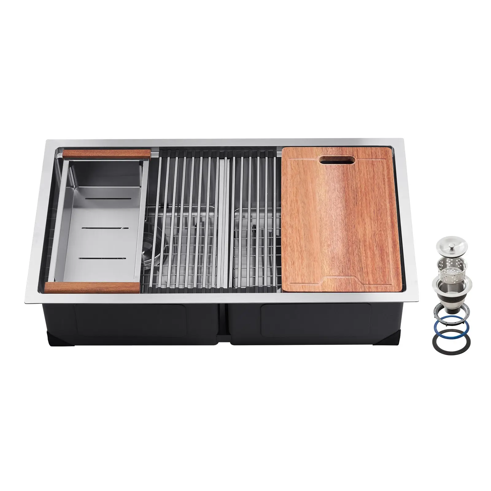 VEVOR 33 inch Kitchen Sink Workstation, 304 Stainless Steel Undermount Sink, Drop-In Double Bowl Farmhouse Basin with Ledge Multiple Accessories, Household Dishwasher Sinks for RV, Prep Kitchen, Bar