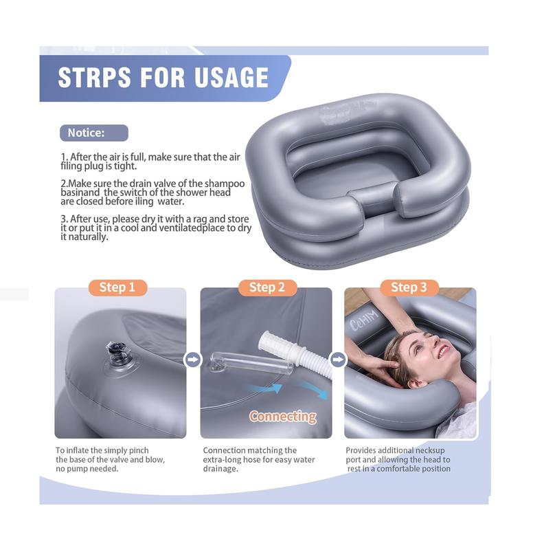 Inflatable Shampoo Basin for Bedridden, Disabled, and Injured - Portable Hair Washing Tub for Dreadlocks and Sink Washing (Silvery)