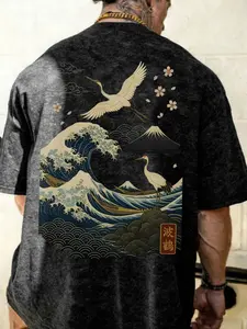 Men's Vintage Washed Oriental Wave Aesthetic Fitted T-Shirt, Streetwear Breathable Pure Cotton Crane & Kanagawa Surf Print, Casual Daily Wear